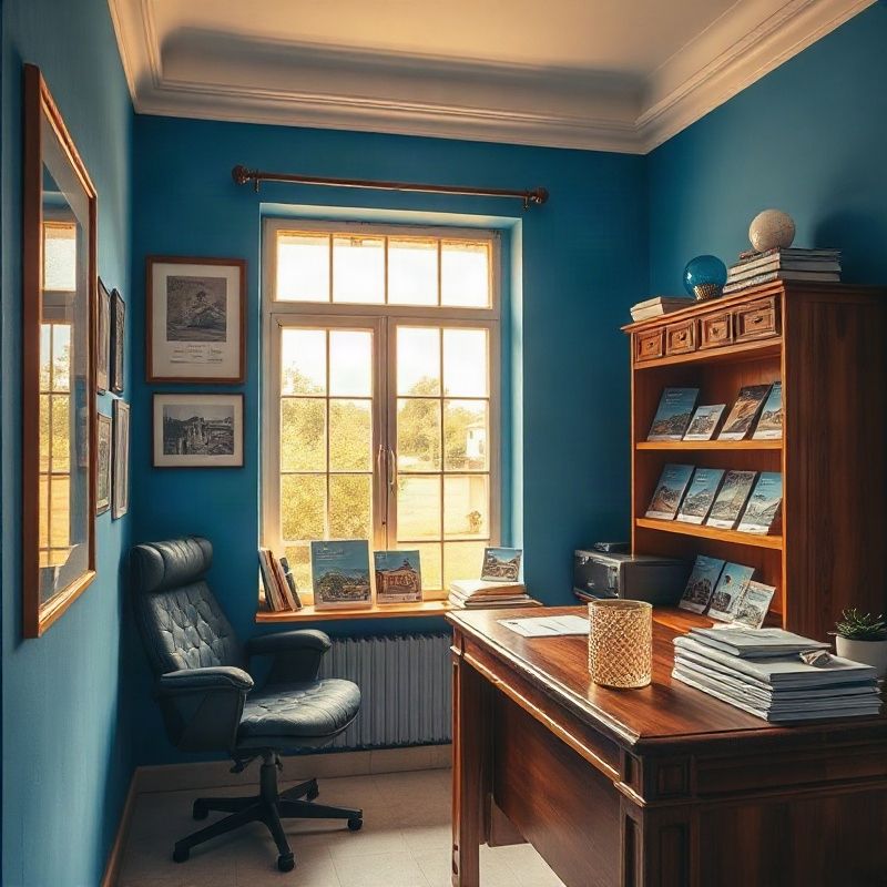 Astrouriver office interior in Garissa with azure-blue accent walls and warm daylight