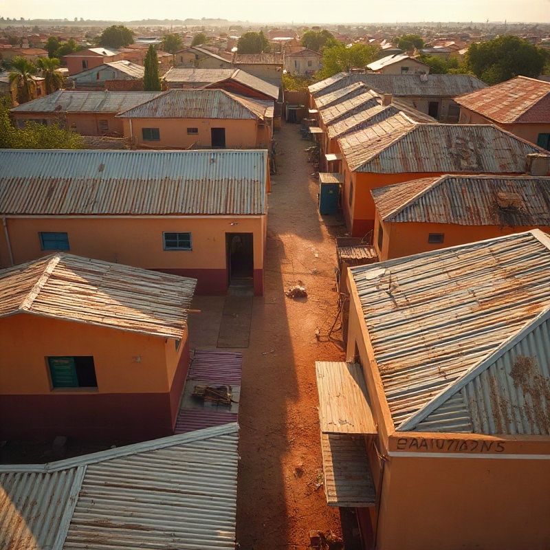 Aerial view of Garissa town property street with warm savanna light