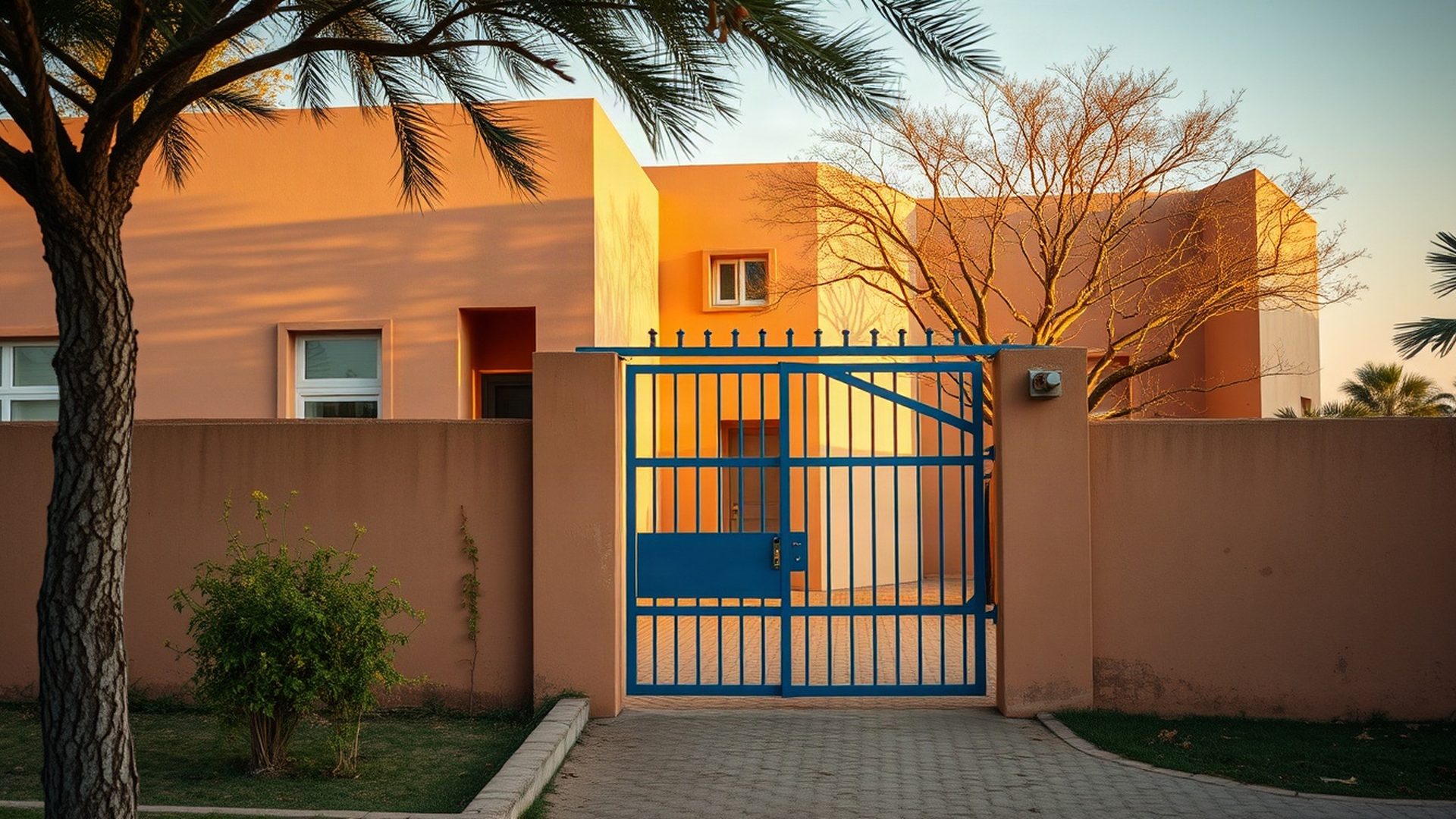 Modern residential compound in Garissa with ochre walls and a blue metal gate
