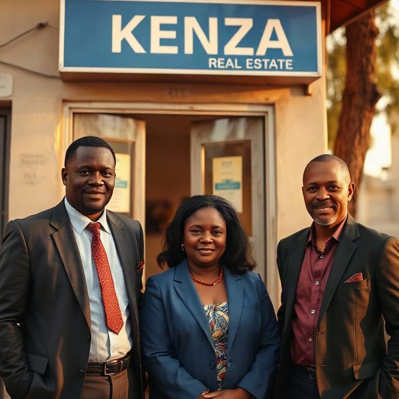 Small team of Kenyan real estate agents outside an office with azure-blue signage in Garissa